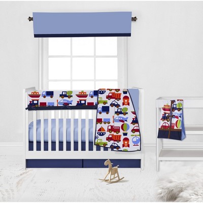 Bacati - Transportation Blue Navy Green Red Orange 6 pc Crib Bedding Set with Long Rail Guard Cover