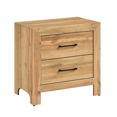 Natural Finish 2-Drawers Nightstand Storage Bedroom Furniture, Black Handles Bedside Table 1pc