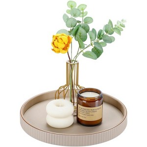 Attop Round Decorative Tray 12 Inch PU Leather Coffee Table Centerpiece Home Decor Ottoman Tray for Jewelry Perfume Keys Beige - 1 of 4