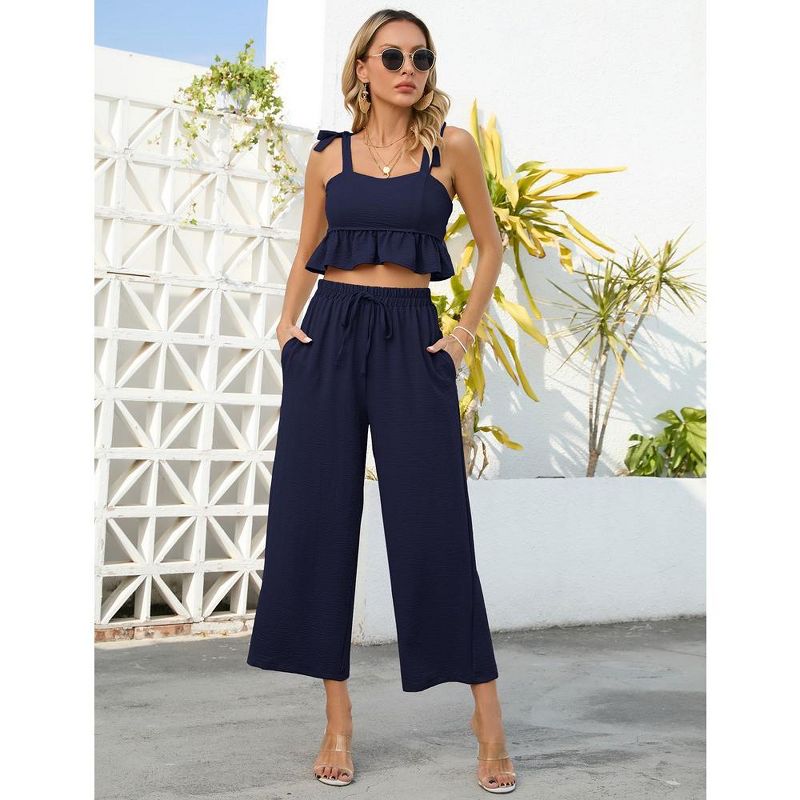 Women's 2 Piece Tracksuit Sleeveless Square Neck Linen Tank Crop Top Wide Leg Pants Matching Sets Summer Outfits, 4 of 9