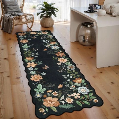 Floral rug (2'x6') for hallway, kitchen rug, ultra-thin soft, non-slip, washable, stain-resistant, bohemian style velvet rug