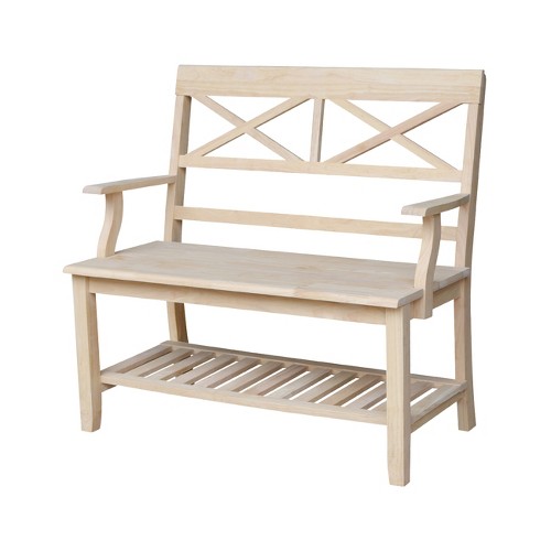 Double X-Back Bench with Arms and a Shelf - International Concepts, Brown