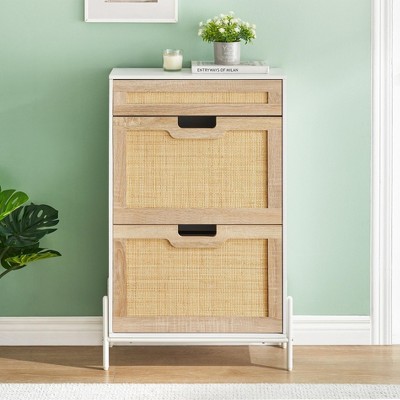 Natural Rattan Shoe Cabinet, 2 Flip Door Shoe Rack with a Drawer, Modern Freestanding Shoe Organizer