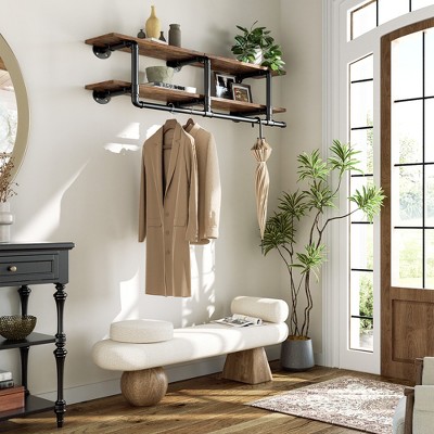 Aheaplus 2 Tiers Heavy Duty Pipe Clothing Shelves with Hanging Rod, 47-73in Space-Saving Wall Mounted Clothing Rack with Top Shelf