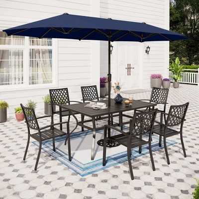 Captiva Designs 8pc Patio Slat-top Rectangle Steel Table & Metal Stackable Chairs & 13ft Large Umbrella