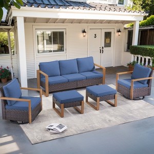 Buenhomino 5Pieces Patio Furniture Set, Outdoor Wicker Sofa Couch with Metal Armrest, Swivel Rocking Chairs, Ottomans - 1 of 4
