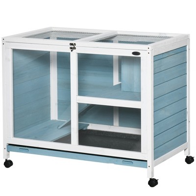 Light Blue Wooden Guinea Pig Cage with Ramp and Wheels