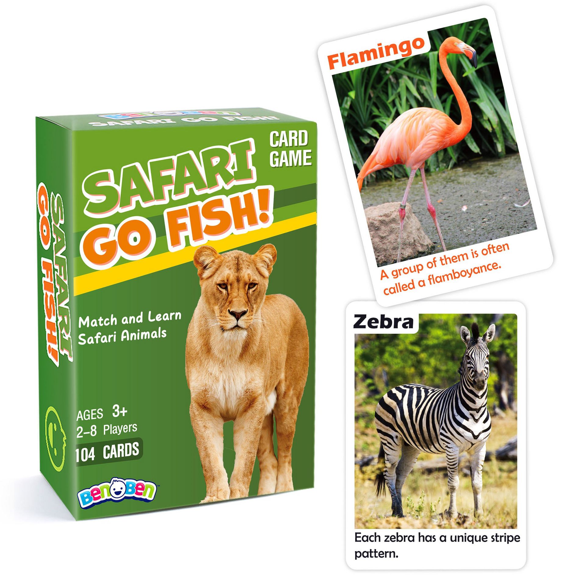 BenBen Go Fish Card Game for Kids, 104 Cards, Jumbo Size, Safari Animal Learning Playing Cards