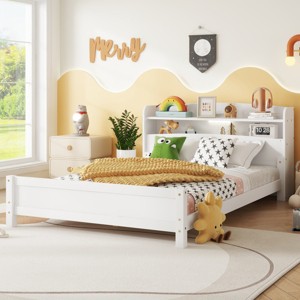 1 Full Bed Frame, Solid Pine Wood Storage Headboard with LED Light and Guardrails - Baofuwish - 1 of 4