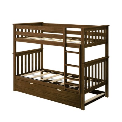 Walnut Twin Over Twin Bunk Bed with Trundle and Storage