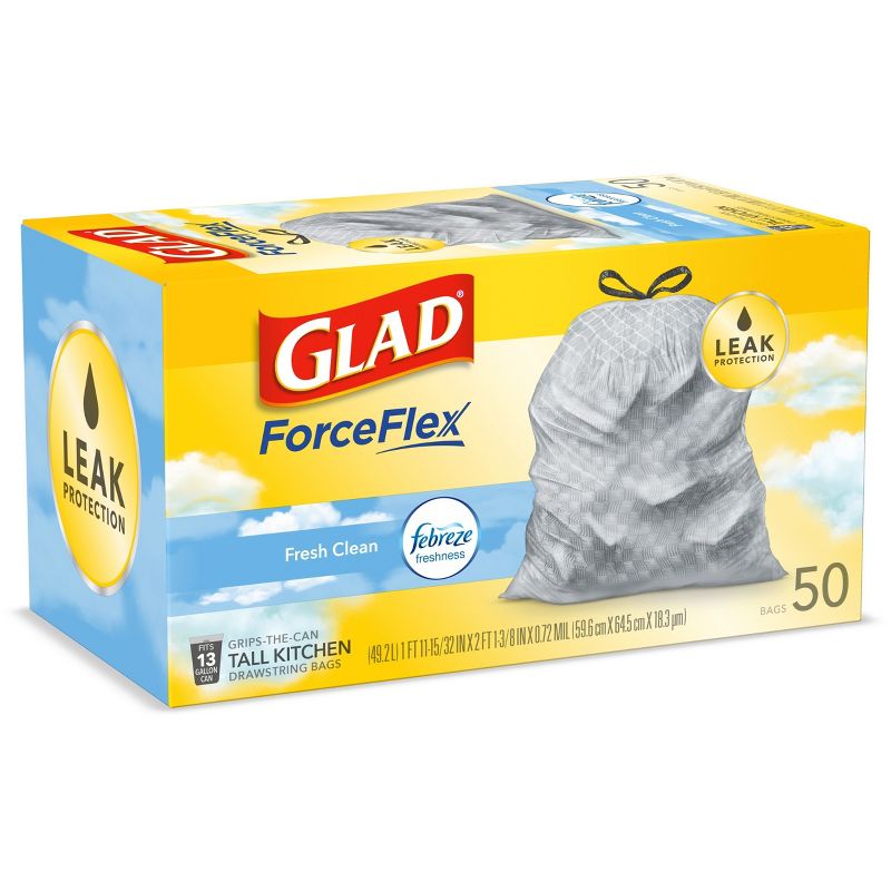 Glad ForceFlex Tall Kitchen Drawstring Trash Bags - Febreze Fresh Clean - 13 Gallon, 4 of 13
