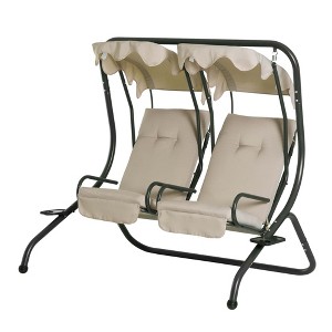 Resenkos Dual-Seat Swing Chair, Outdoor Glider With Detachable Roof & Cup Holders, Perfect for Porch, Garden, Beige - 1 of 4