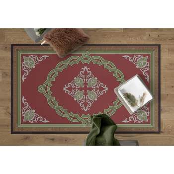 Deerlux Transitional Living Room Area Rug with Nonslip Backing, Red Medallion Pattern