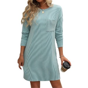 Womens Long Sleeve Dress Tiny Stripes Texutred Shift Dress Crew Neck Shirts Dress with Faux Pockets Fall Mini Lounge Dress - 1 of 4