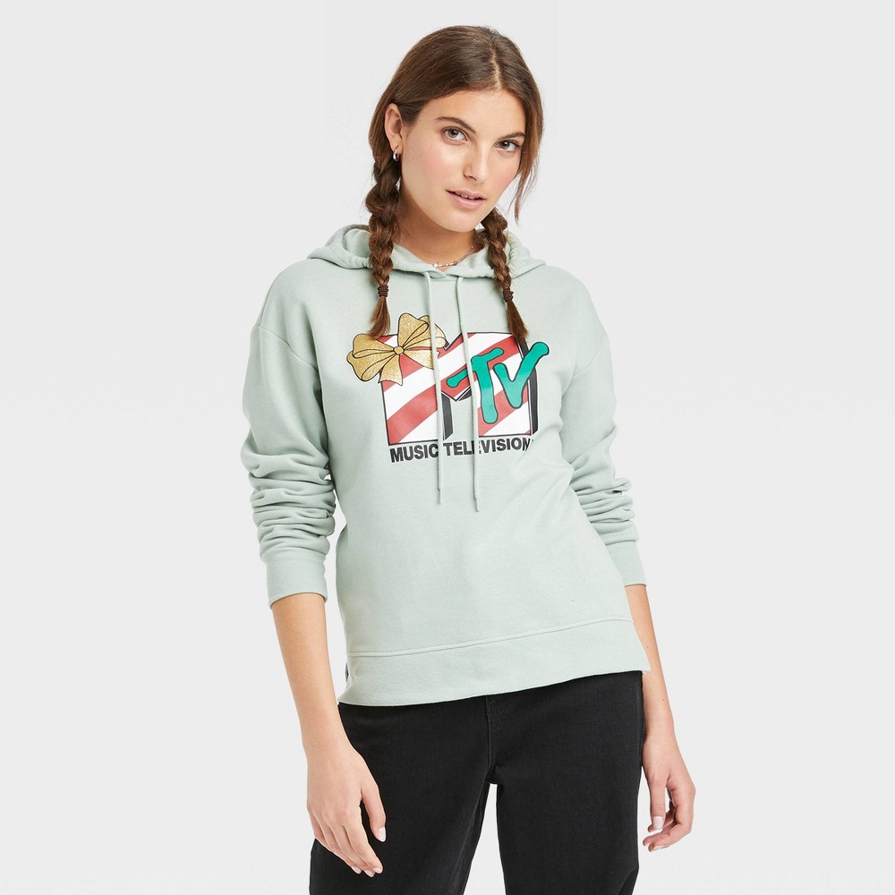 size medium Women's MTV Holiday Hooded Graphic Pullover Sweatshirt - Aqua Green