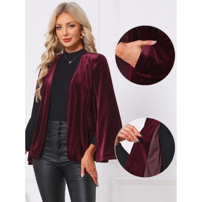 INSPIRE CHIC Women Velvet Cape Split Long Sleeve Open Front Side Pockets Cardigan Blazer Coat Large Burgundy — фото 2