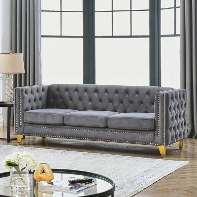 Velvet Chesterfield 3-Seater Sofa,Tufted Living Room Couch with Nailhead Trim & Metal Legs-Baofuwish