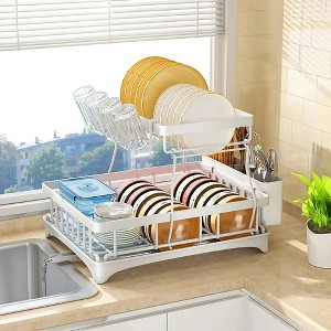 2 tier Dish Drainer Kitchen Counter Dish Rack with Cutlery Holder, Drip Tray - 1 of 4