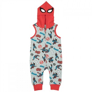 Kids Marvel Spider-Man Mask And All Over Print Sleeveless Hooded Romper - 1 of 3