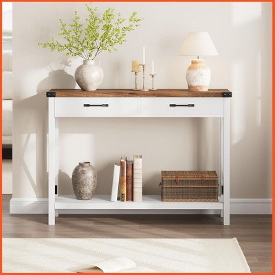 Homhougo Wooden Entryway Table, Farmhouse Console Table with 2 Drawers Brown