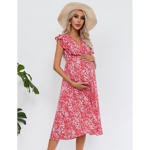 Coolmee Women Summer Boho Floral Casual V Neck Small Flying Sleeve A-Line Maternity Ruffled Midi Dress - 1 of 4