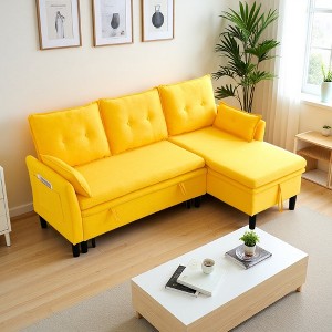 78.35" Cotton-Linen L-Shaped Reversible Chaise Sectional Sofa with Storage, 5 Pillows - 1 of 4