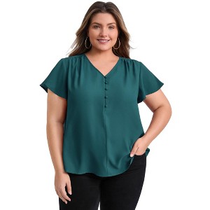 GRACE & GRANDEUR Women's Plus Size Pleated V Neck Button Decor Ruffle Sleeve Casual Loose Fit Blouses - 1 of 4