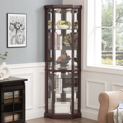 VYNXARIA Corner Lighted Curio Cabinet - Elegant Dark Cherry Display Case for Living Room
