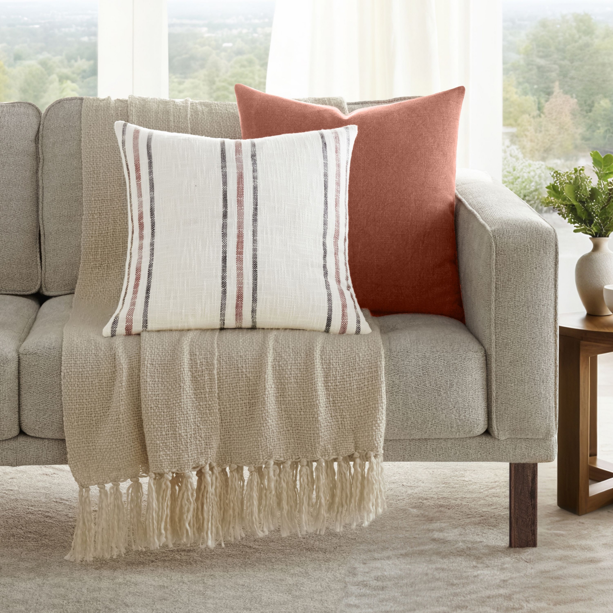 2-Pack Yarn-Dyed Patterns Terracotta Throw Pillows - Becky Cameron, Terracotta Yarn-Dyed Framed Stripe / Solid, 20 x 20