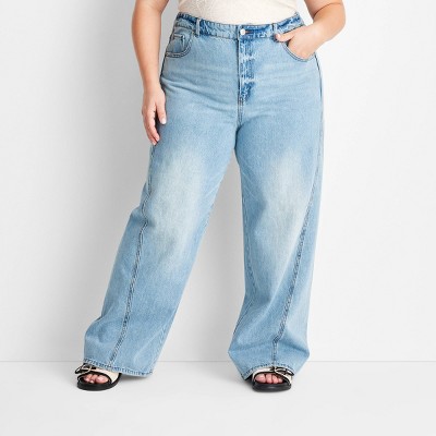 Women's Mid-Rise Wide Leg Slouchy Jeans - Future Collective Blue Denim 30: Relaxed Fit, Full Length, Fly Button Closure