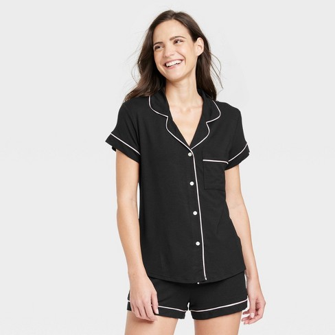 Women's Beautifully Soft Short Sleeve Notch Collar Top and Shorts Pajama  Set - Stars Above™ Black M