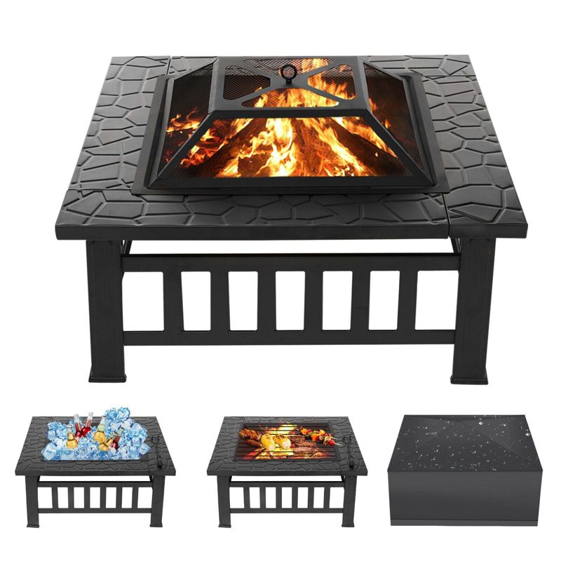SINGLYFIRE 32 Inch Fire Pit with Table for Outside Square Metal Firepit Black, 1 of 8