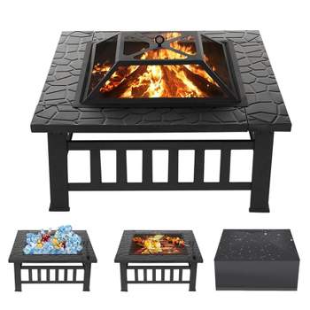 SINGLYFIRE 32 Inch Fire Pit with Table for Outside Square Metal Firepit Black