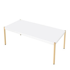 Vynxaria Minimalistic Coffee Table (Occasional Tables Set) 53mm Wooden Top, Metal Tube KD Legs, 16" Floor Clearance, White & Gold Finish - 1 of 4