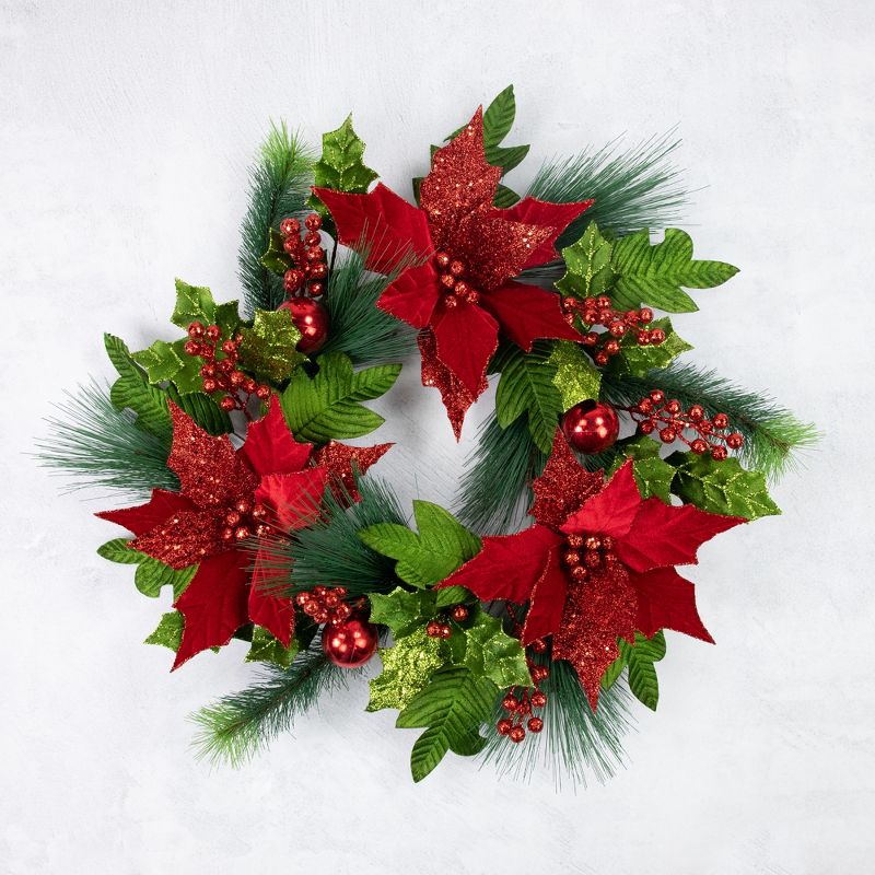 Northlight 24" Glittered Red Poinsettia and Long Pine Christmas Wreath, Unlit, 5 of 10