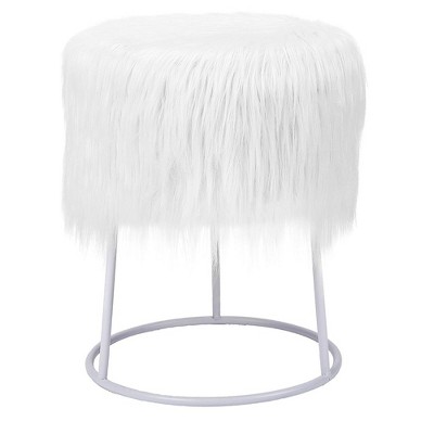 BirdRock Home Round White Faux Fur Foot Stool Storage Ottoman with Silver Legs