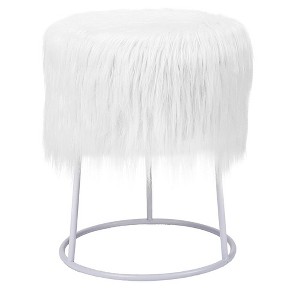 BirdRock Home Round White Faux Fur Foot Stool Storage Ottoman with Silver Legs - 1 of 4