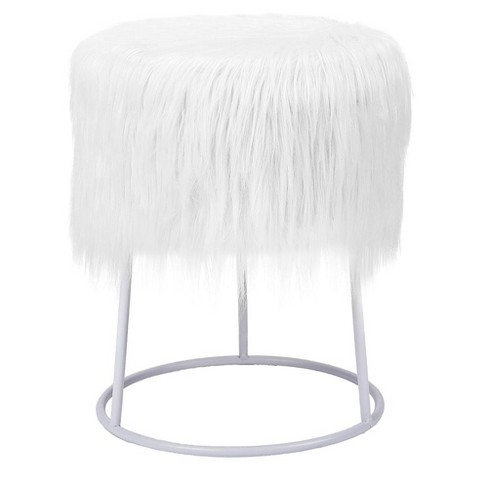 Birdrock Home Faux Fur Foot Stool Ottoman with Wood Legs - White