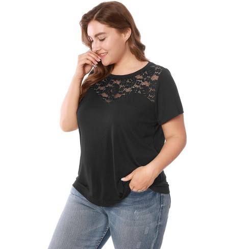 Agnes Orinda Women's Plus Size Lace Insert Short Sleeves Solid Round Neck  T-shirts Black 2X