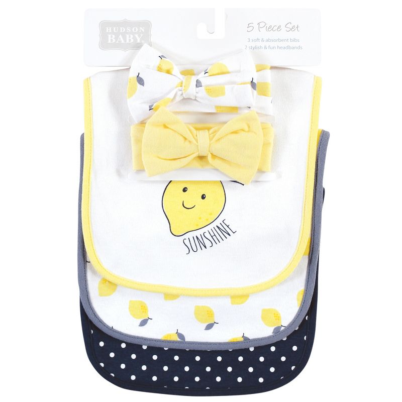 Hudson Baby Infant Girl Cotton Bib and Headband or Caps Set, Navy Lemon, One Size, 3 of 7