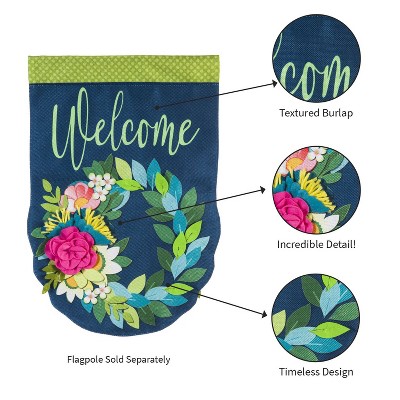Welcome Spring Floral Wreath Multi-Color Burlap House Flag