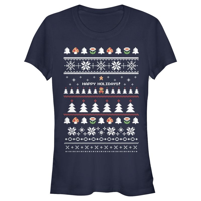 Juniors Womens Nintendo Ugly Mario Holiday Sweater T-Shirt, 1 of 4