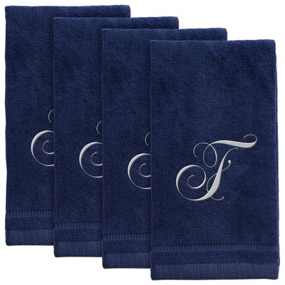 Creative Scents Navy Blue Fingertip Monogrammed Towels White Embroidered