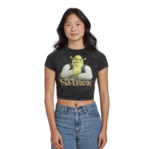 Shrek Character Logo Women's Black MIneral Wash Crew Neck Short Sleeve Cropped Baby Tee - 1 of 4