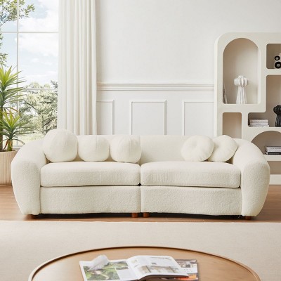 87.7" Modern Curved Couch Sofa,Upholstered Couch With 5 Decorative Throw Pillows,Teddy Boucle Sofa For Living Room,Office,Apartment-Cuddlewood