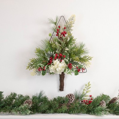 Festive Pine 24" Wall Hanging Christmas Tree with Berries & Holly Decor