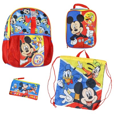 Mickey Mouse Backpack Toddler 14" and Lunch Box Set 4 Pcs, Mickey Backpack Set, Drawstring Bag, Safety Light-Up Buckle Multicolored