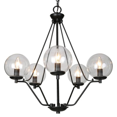 LNC Ellan 5-Light  24" Modern Candlestick Medium Chandelier, Matte Black with Clear Glass Globe Shade