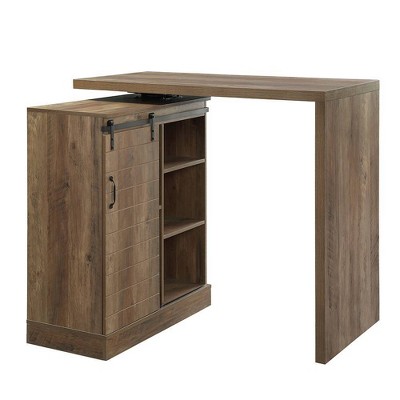 Rustic Oak Farmhouse-Industrial Bar Table with Swivel Top and Wine Rack