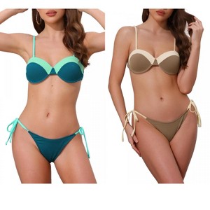 INSPIRE CHIC Women's Contrast Color Ribbed Triangle Bottom Swimwear Bathing Bikini Suits 2 Sets - 1 of 4